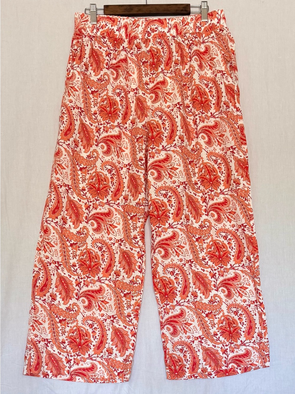 NWT Cynthia Rowley Orange White Paisley Floral Linen Pull On Wide Leg Pants L - Picture 1 of 7